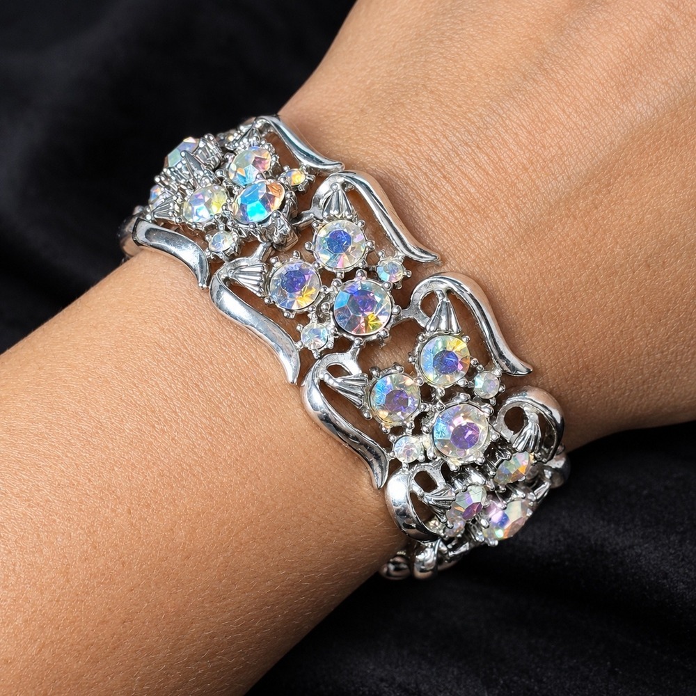 Vintage Coro Aurora Borealis Rhinestone Silver Tone Link Bracelet Mid Century